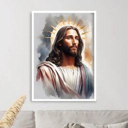 Quadro Jesus Aquarela Cinza e Dourado 33x24cm - com Vidro:moldura Branca - 1