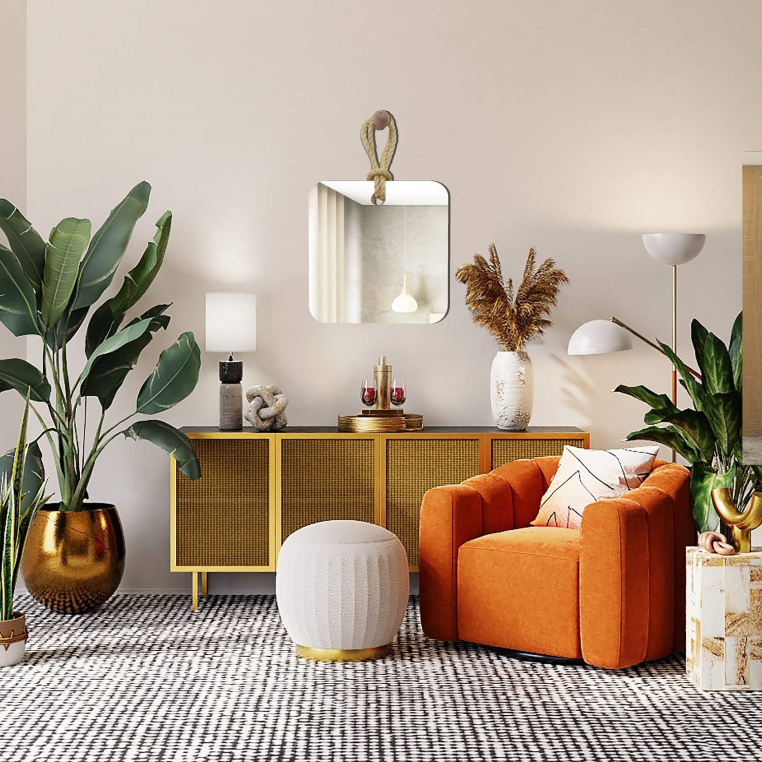 Espelho Decorativo Hole Alça Sisal Natural Quadrado In House Decor - 3
