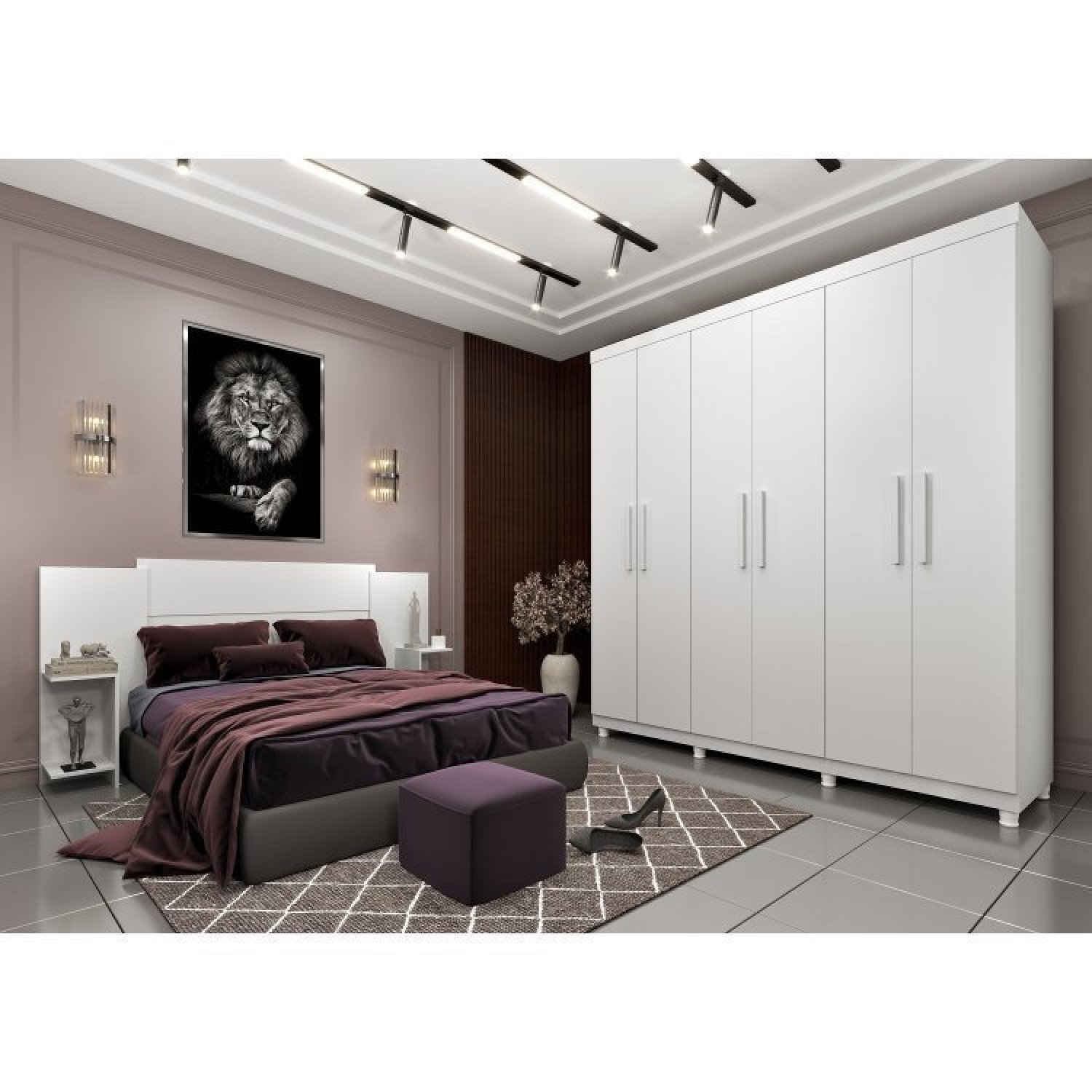 Quarto Casal com Roupeiro 6 Portas Olimpo e Painel Cabeceira  - 1