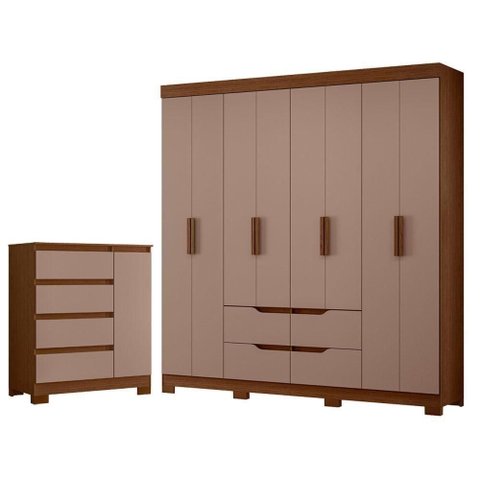 Guarda Roupa Casal Doble 8 Portas de Bater com Cômoda e Sapateira 4 Gavetas MDP Nogueira Capuccino
