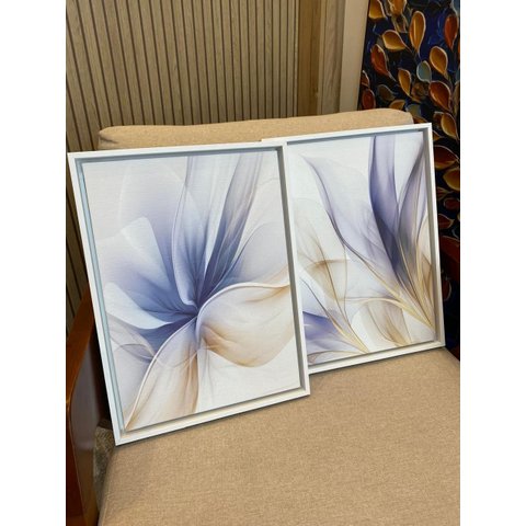 Duo de Quadros Abstrato Floral Abstrato Fluidez Azul e Ouro 40x31,5cm Canvas Moldura Branca