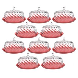 8 Porto Bolos com Cúpula 30cm Torta Doces Crippa Confeitaria Hotel Vermelho Transparente - 1