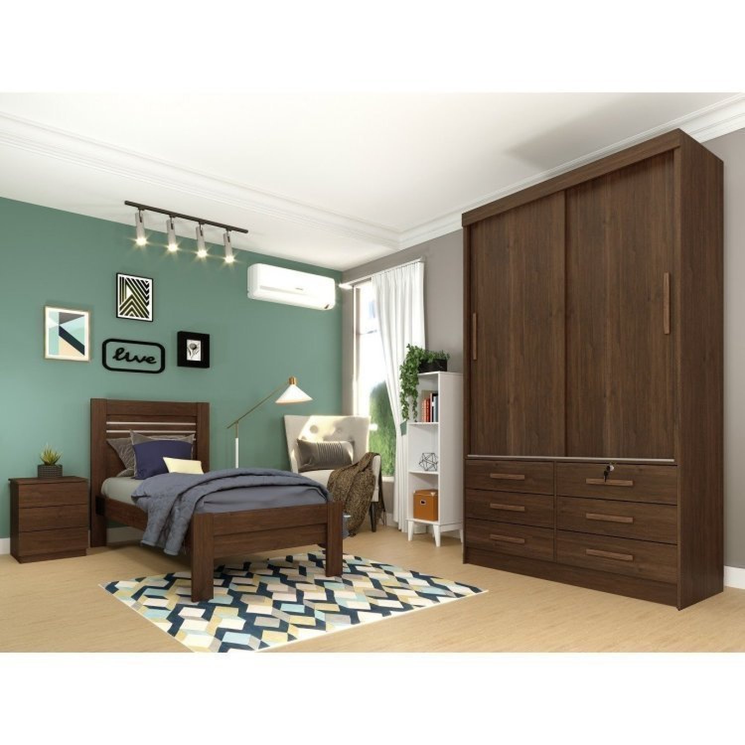 Quarto Solteiro Completo Roupeiro 2 Portas, Cama, Mesa de Cabeceira e Livreiro Chicago - 1
