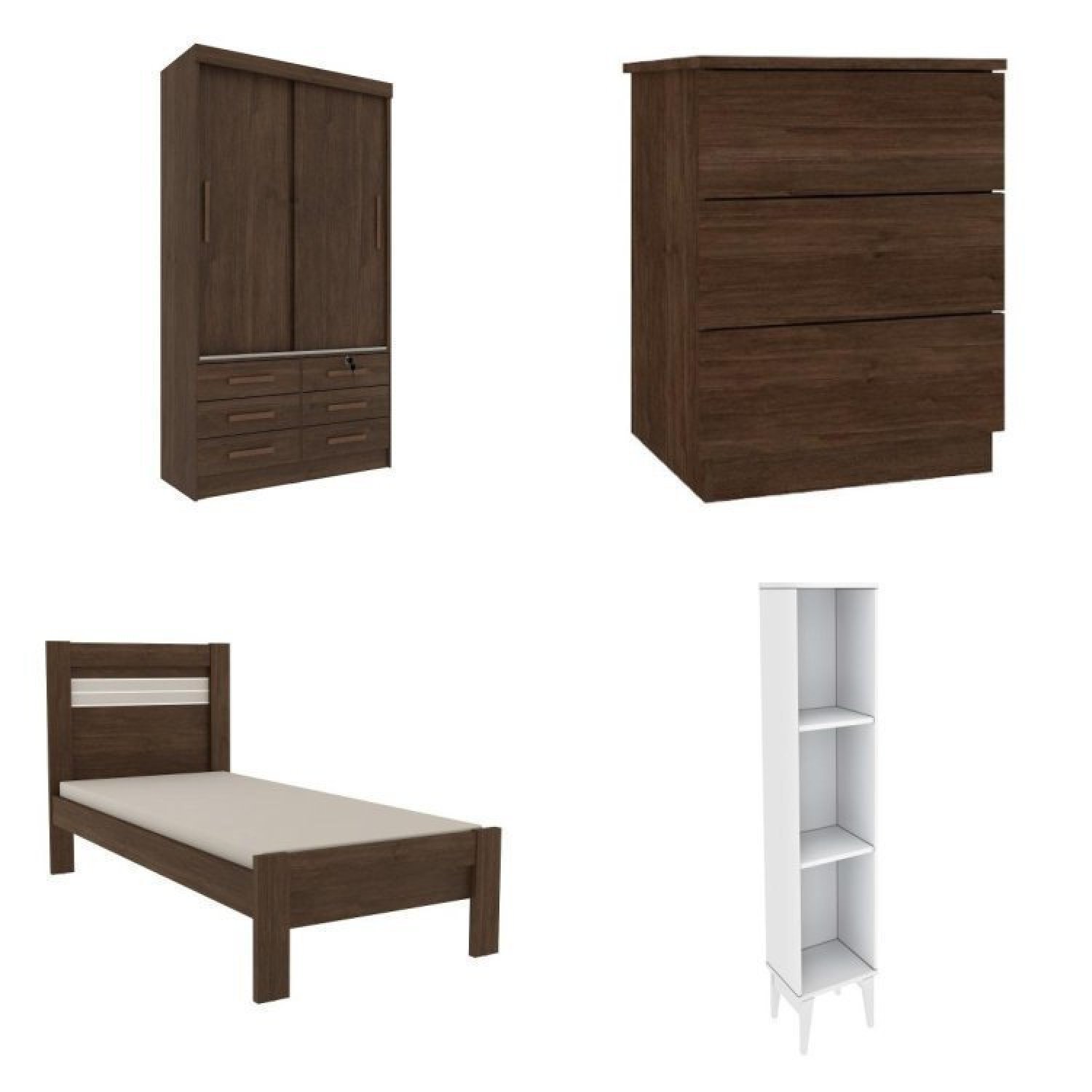 Quarto Solteiro Completo Roupeiro 2 Portas, Cama, Mesa de Cabeceira e Livreiro Chicago - 2