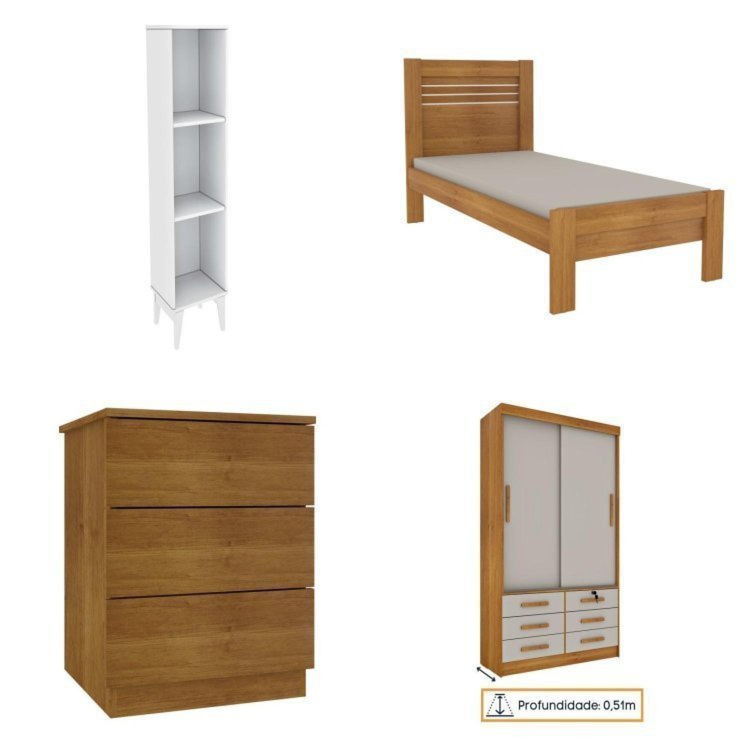 Quarto Solteiro Completo Roupeiro 2 Portas, Cama, Mesa de Cabeceira e Livreiro Chicago - 2