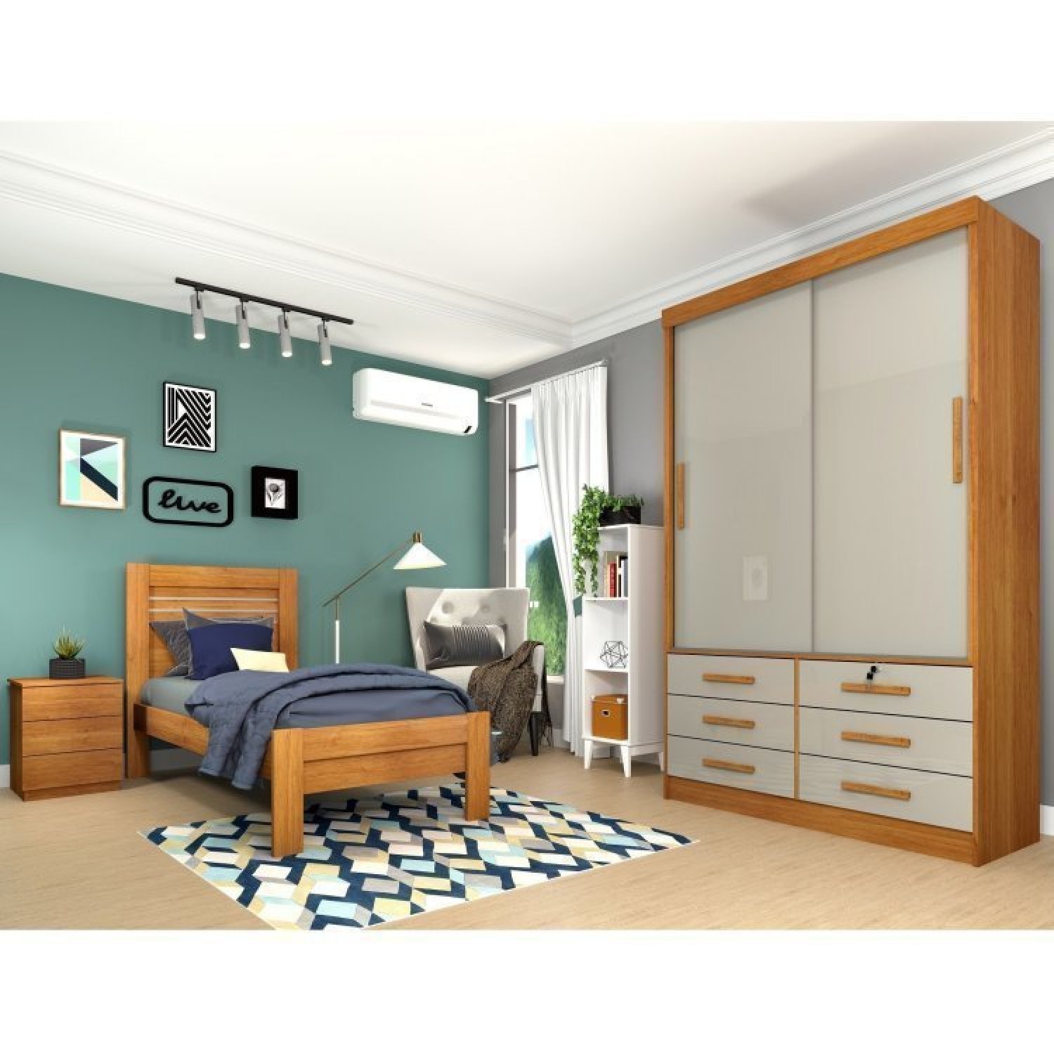 Quarto Solteiro Completo Roupeiro 2 Portas, Cama, Mesa de Cabeceira e Livreiro Chicago - 1