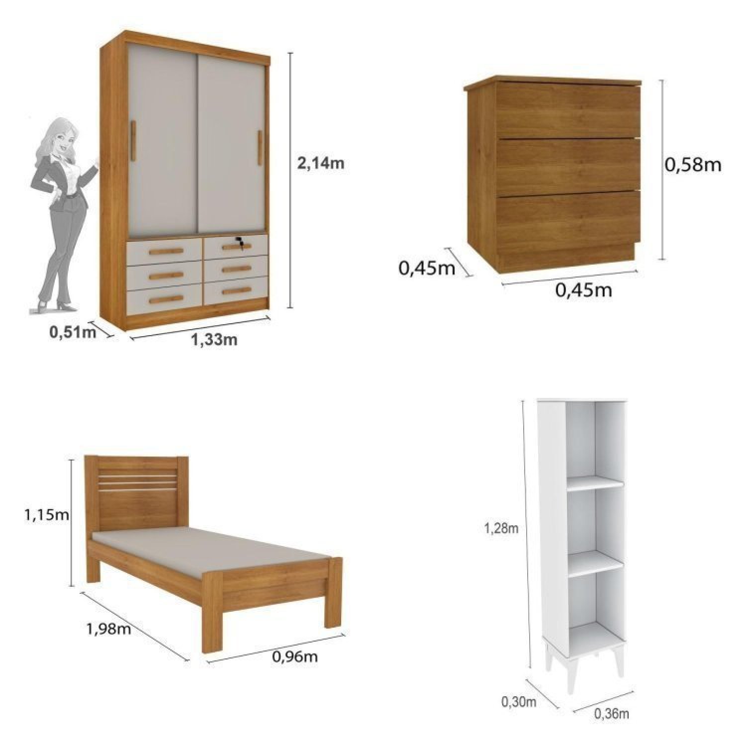 Quarto Solteiro Completo Roupeiro 2 Portas, Cama, Mesa de Cabeceira e Livreiro Chicago - 3