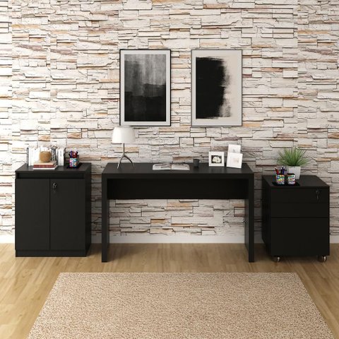 Kit Escritório com Mesa, Balcão e Gaveteiro Preto - Tecno