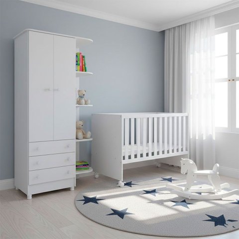 Quarto Bebe Infantil Doce Sonho Berço Reto Rodizio e Guarda Roupas 2 Portas 3 Gavetas Qmovi
