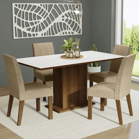 Conjunto Sala de Jantar Mesa Tampo de Madeira 4 Cadeiras Rustic/branco/imperial Keila Madesa
