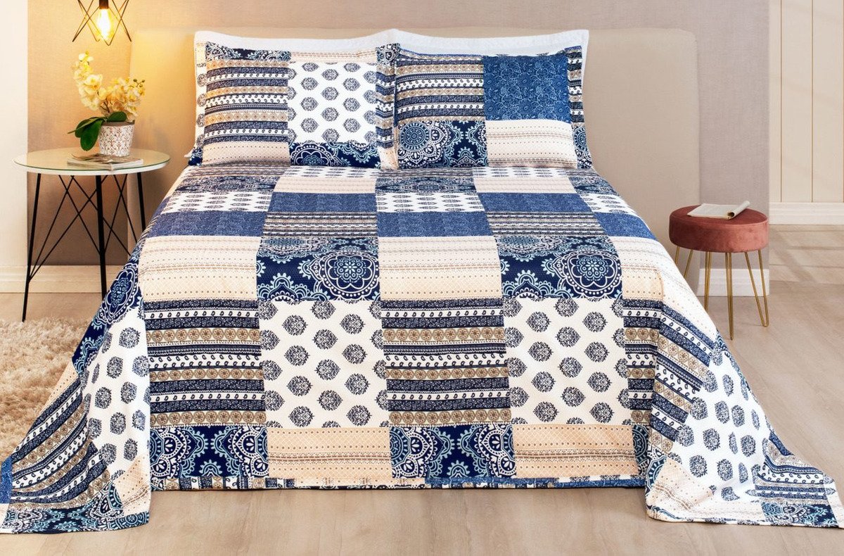 Cobre Leito Cama Queen Leve Piquet Patchwork Azul - 1