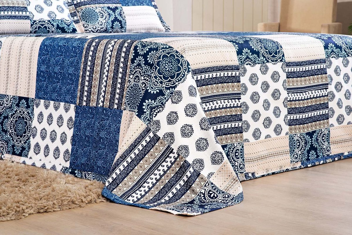 Cobre Leito Cama Queen Leve Piquet Patchwork Azul - 2