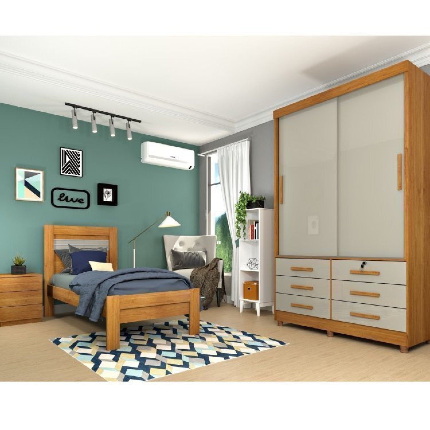 Quarto Solteiro Completo Roupeiro 2 Portas, Cama, Mesa de Cabeceira e ...