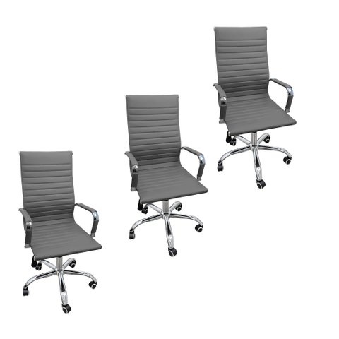 Kit 3 Cadeira Eames Esteirinha Presidente Escritório Alta - Cinza