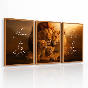 Kit 3 Quadros Decoração Grande Nunca Foi Sorte Família Leão para Sala Quarto com Moldura 40x60cm