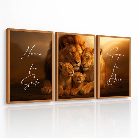 Kit 3 Quadros Decoração Grande Nunca Foi Sorte Família Leão para Sala Quarto com Moldura 40x60cm