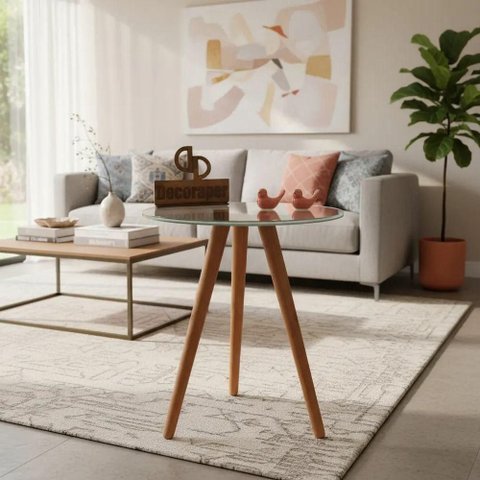 Mesa de Canto Redondo MDF Madeira Maciça 60cm Off White Decoraper