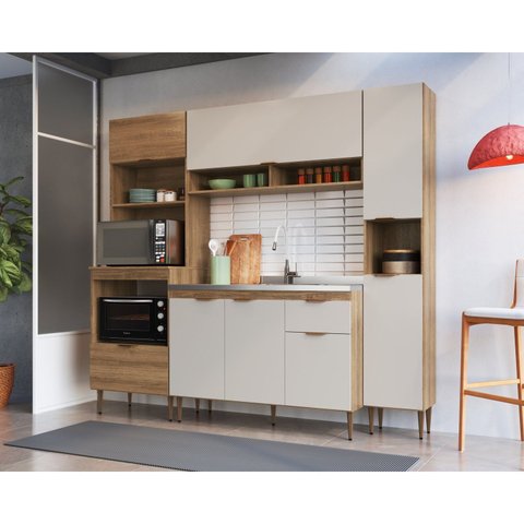 Cozinha Completa Modulada 4 Peças com Torre Quente para 2 Fornos e Paneleiro Veneza Modulada Bege/Mel/Arenas