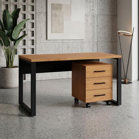 Mesa Escrivaninha Industrial 160cm x 60cm com Gaveteiro 03 Gavetas 100% MDF F5 Office Cor:Freijó