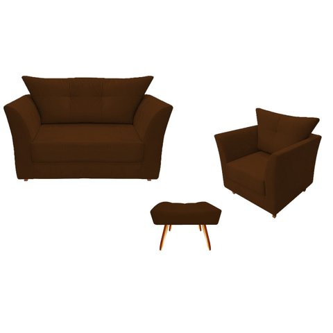 Kit Namoradeira + 1 Poltrona Decorativa Isis + 1 Puff Retangular Couro Marrom Pés Madeira Mz Decor