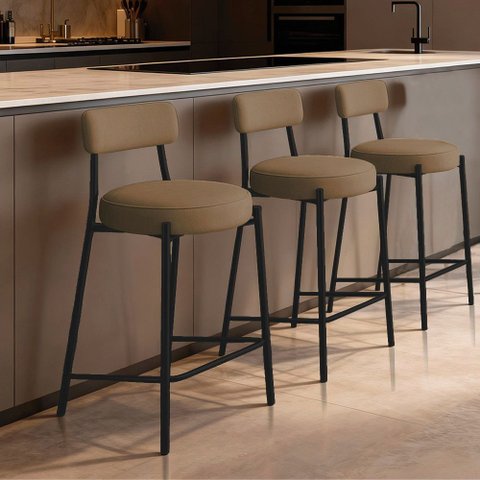 Banqueta Cozinha Média com Encosto Kit 3 Industrial Preto Londres New Couro Flex D03 - D'Rossi
