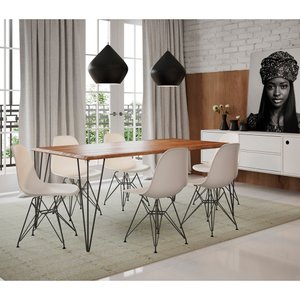 Conjunto Mesa de Jantar Industrial Clips Amêndoa 135x75 com 6 Cadeiras Eiffel Brancas de Ferro Preto