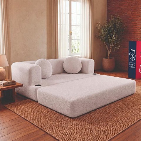 Sofá Cama Hali 1,88m Xpand Tech Tecido Bouclê Cinza Claro Cama Inbox