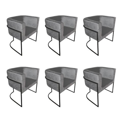 Kit 6 Cadeiras de Jantar Premium Base de Ferro Preta Veludo Cinza