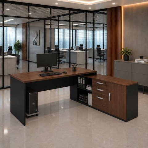 Mesa de Escritório Pedestal Presidente em L 170x160cm Executiva Tampo 30mm Armário Lateral 3 Gavetas