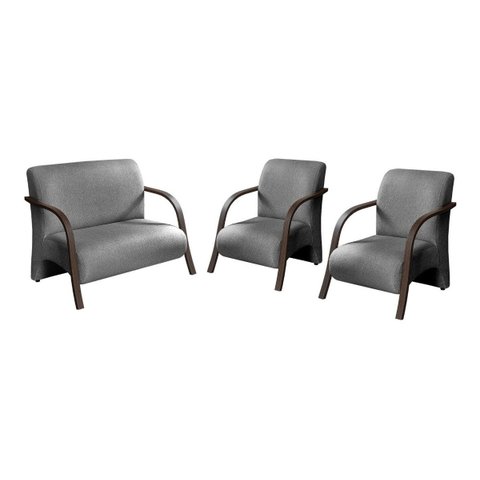Conjunto Sevilha Namoradeira + 2 Poltronas Decorativa Braço De Madeira Recepção Sala - Linho Cinza