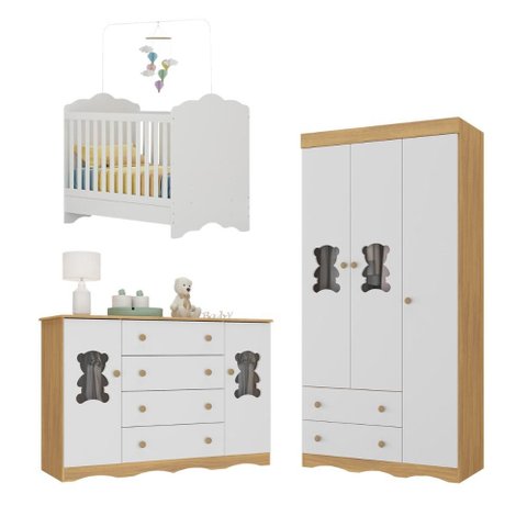 Quarto Bebê Completo Berço 3 em 1/Guarda-Roupa 3 Portas/Cômoda 4 Gavetas Vicente Multimóveis