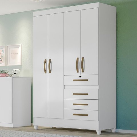 Guarda Roupa Solteiro 4 Portas 4 Gavetas Sobral - Branco / Rosa / Azul / Lilas Flex Branco