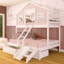 Ver imagem 1 de Beliche Casal/ Solteiro Casinha Dos Sonhos com Gavetas Kit Escada/ Escorregador Madeira Maciça Rosa