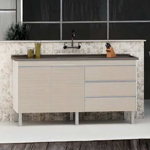Gabinete Cozinha 144cm 100% MDF 3 Gavetas 2 Portas Multiuso: Madeirado/Madeirado