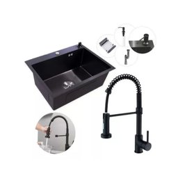 Kit Cuba Inox Gourmet Cozinha Pia com Acessórios + Torneira Monocomando Flexível Extensível Preto - 1