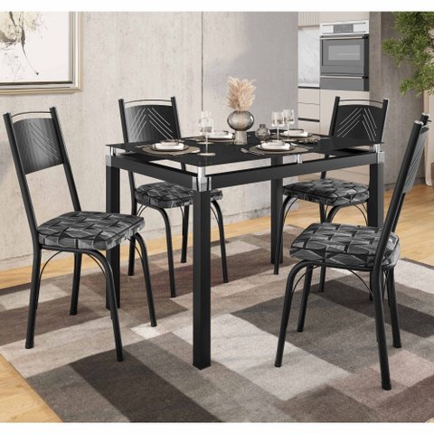 Conjunto Mesa de Jantar Tubular com 4 Cadeiras Malva Tampo Vidro 107cm 151 Sf Preto/mosaico Silver -