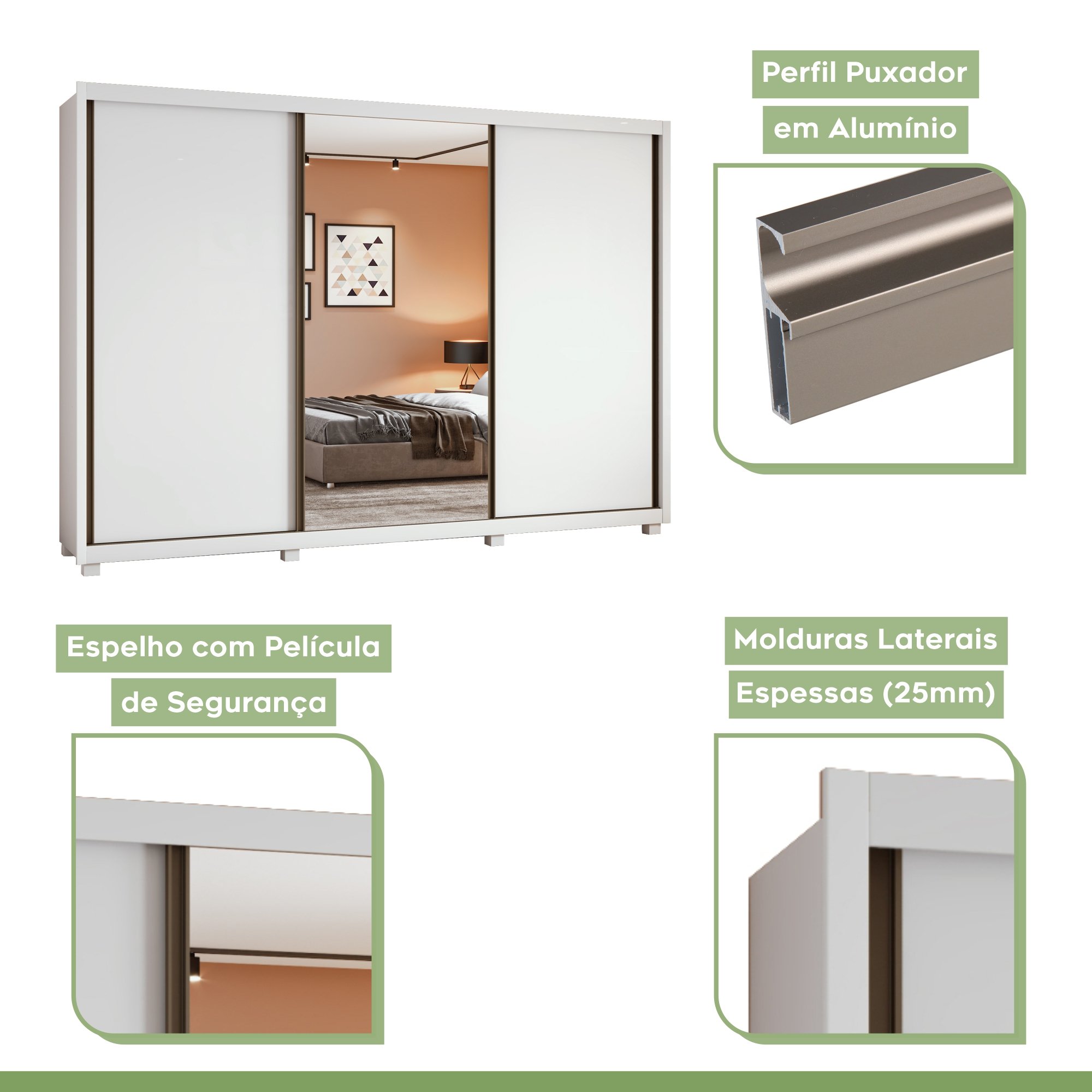 Guarda Roupa 3 Portas 6 Gavetas 1 Porta Glass com Pés Dante - 2