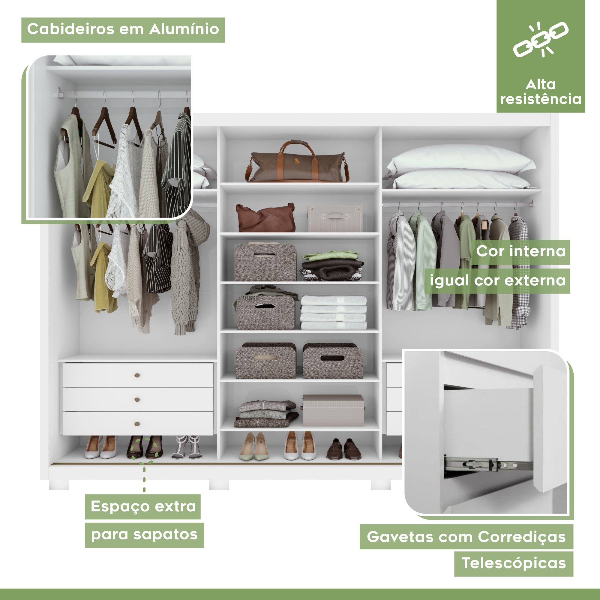 Guarda Roupa 3 Portas 6 Gavetas 1 Porta Glass com Pés Dante - 3