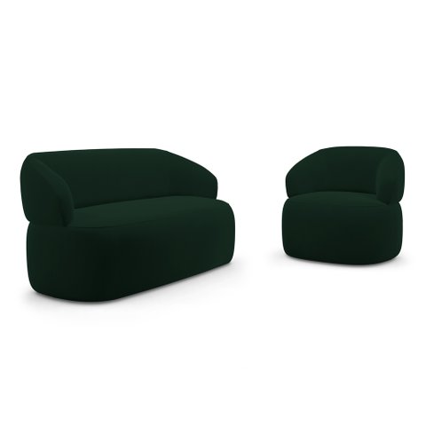 Kit Poltrona Giratória e Sofá Orgânico Living Glee 02 Lugares 140cm Veludo Verde Escuro - Desk Desig