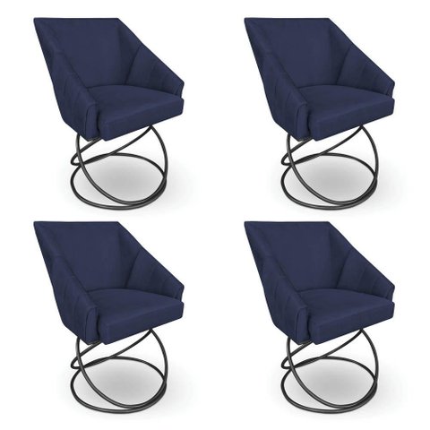 Kit 4 Poltronas Luxo Alana Veludo Azul Marinho Base Luxo Preto - Pallazio