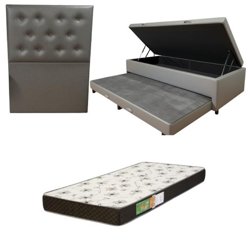 Cama Box Baú Solteiro com Auxiliar (bicama) + Colchão Solteiro Espuma D20 12cm | Kit Completo com Ca