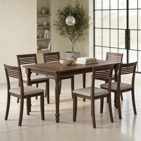 Mesa de Jantar 6 Lugares com 06 Cadeiras Madeira Maciça Estofada Lazuli F06 Linho Mescla Café -
