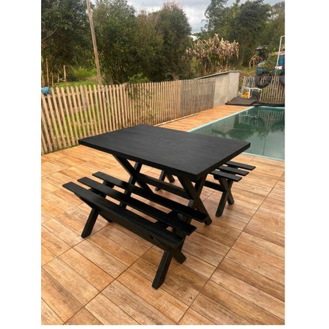 Mesa para Área Externa com 2 Bancos sem Encosto Madeira Maciça 120x80cm Kit Churrasco Preto