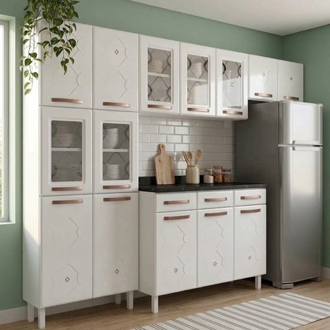 Cozinha Compacta Modulada 4 Peças 14 Portas e 3 Gavetas com Tampo e Pés Reguláveis 280x193x52cm