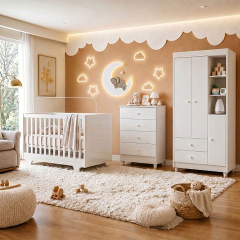 Quarto de Bebê Completo 100% MDF com Cômoda Berço e Guarda Roupa 1 MDF Nina