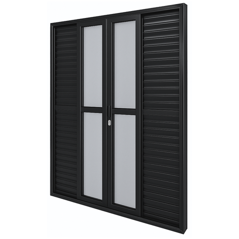 Porta Balcão de Aluminio Preto 6 Folhas Linha 25 com Fechadura 2,10x1,50