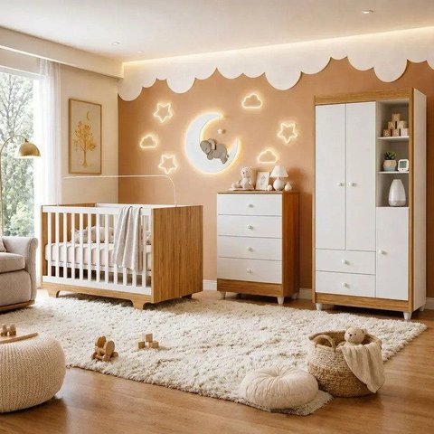 Quarto de Bebê Completo 100% MDF Cômoda Berço e Guarda Roupa Nina Branco/Amadeirado
