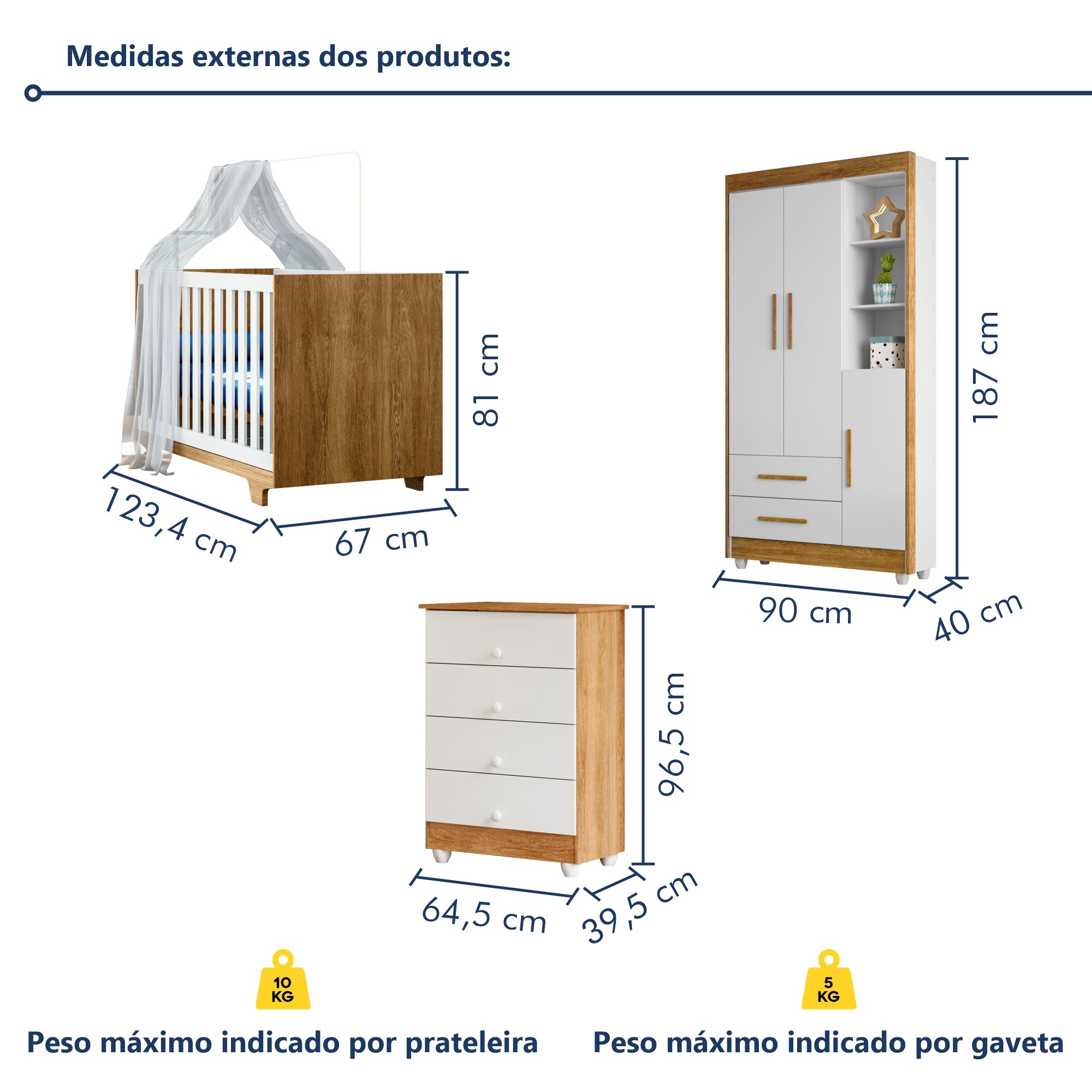 Quarto de Bebê Completo 100% MDF com Cômoda Berço e Guarda Roupa 1 MDF Nina - 15