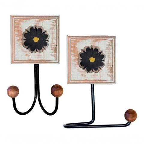 Kit Banheiro 2 Peças 1 Toalheiro Duplo + 1 Porta Papel Higiênico Artesanal Flor Madeira Cor Preto