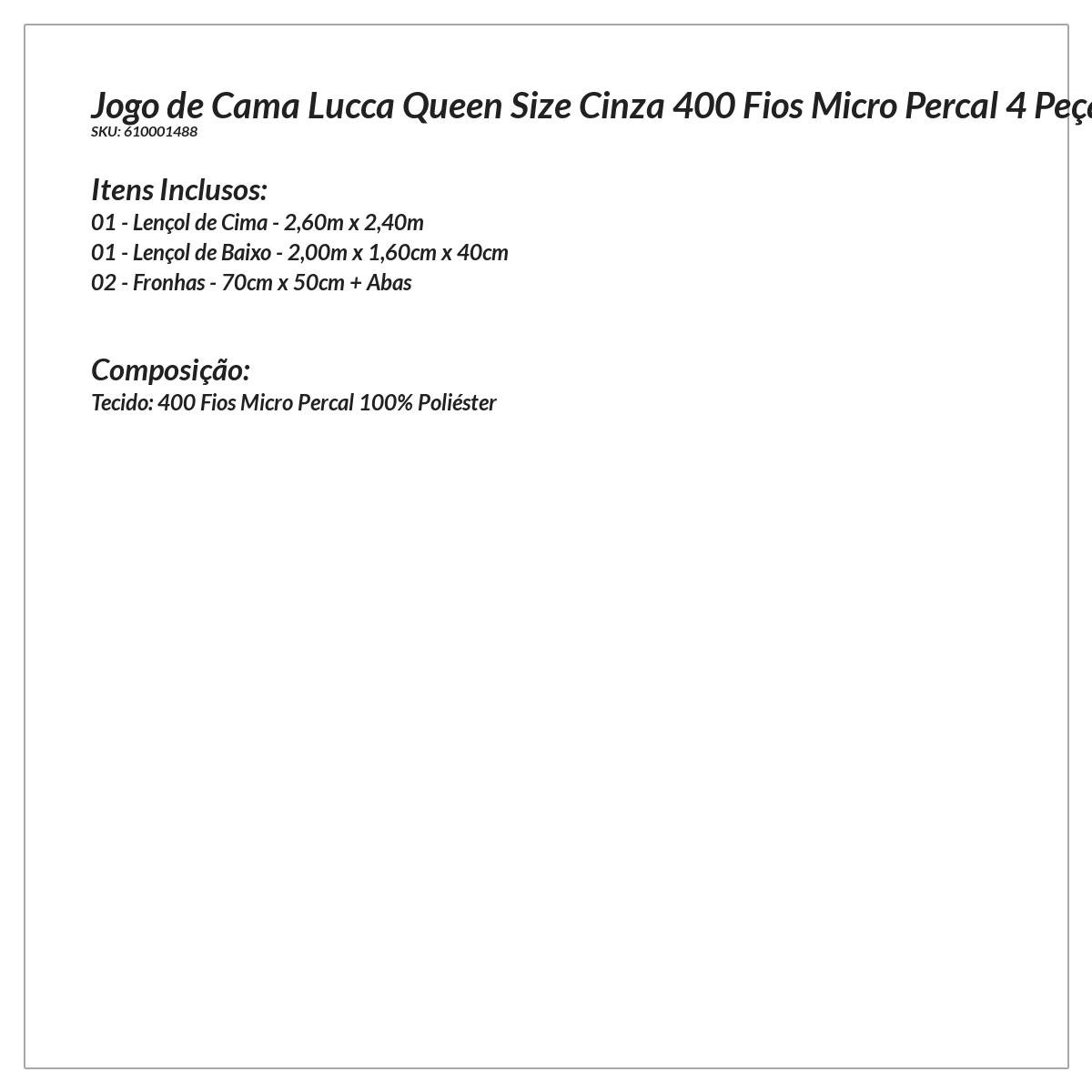 Jogo Lençol Queen Size Cinza 400 Fios Micro Percal 4 Peças 2,60m x 2,40m - 4